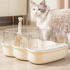 Transparent Semi-Enclosed Large Cat Litter Tray with Scoop placed next to a cat in a bright room.