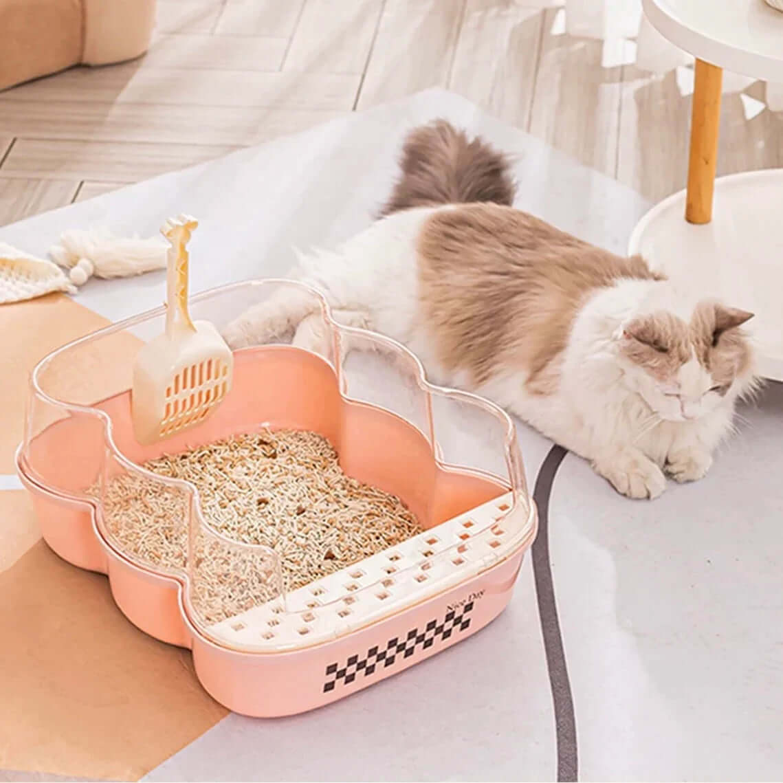 Transparent Semi-Enclosed Large Cat Litter Tray with Scoop alongside a relaxed cat in a bright living space.