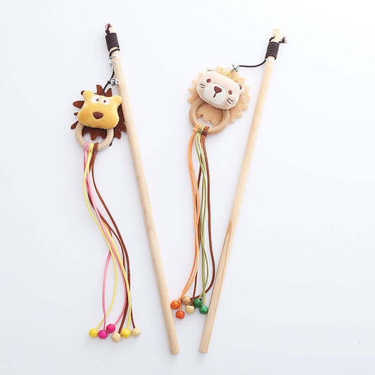 Wooden Cat Teaser Wand Cat Toy Bear & Lion Design-Petroom