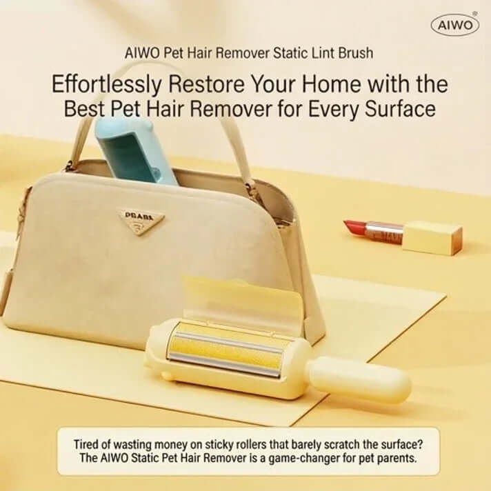 AIWO Pet Hair Remover Static Lint Brush with a beige handbag on a light background