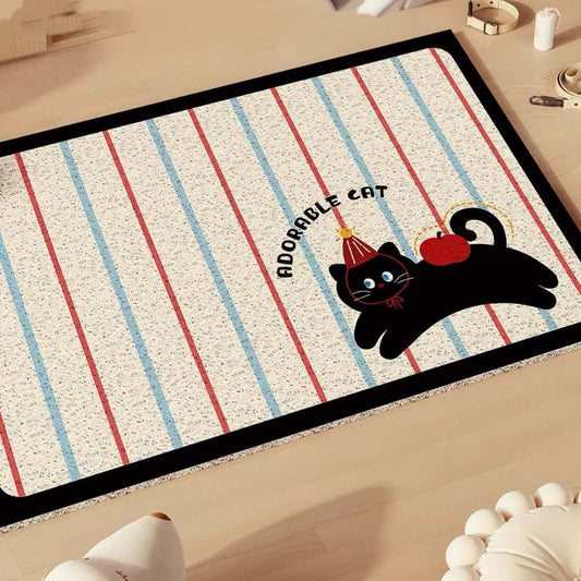 Cute black cat mat with striped design, perfect for cat lovers and stylish pet supplies.