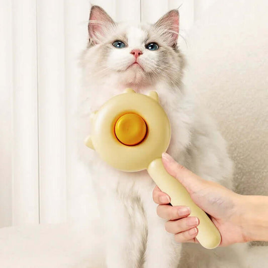 AIWO Self-Cleaning Slicker Lovely-Cat Style grooming brush being used on a fluffy white cat.