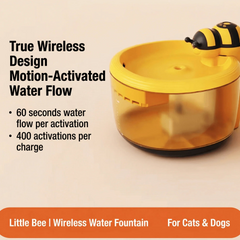 AIWO Wireless Pet Water Fountain - Bee Series Gen 2 showing motion-activated water flow for pets, ideal for cats and dogs.