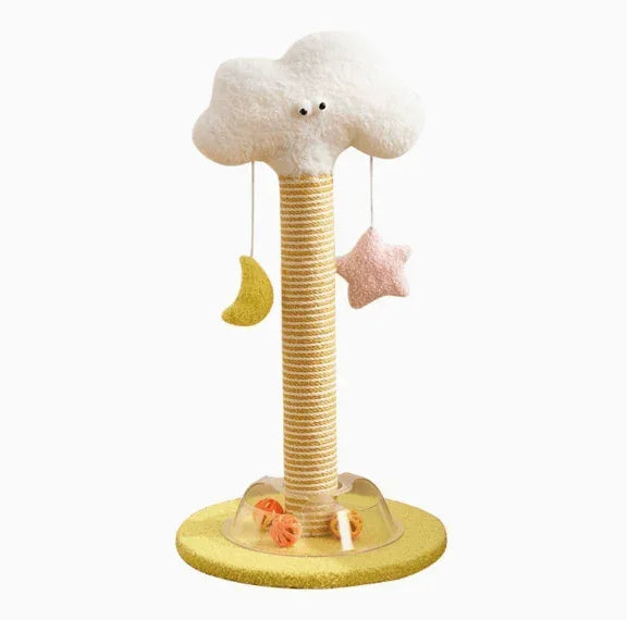 Cloud-shaped cat scratching post with hanging moon and star toys, ideal for indoor cats