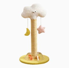 Cloud-shaped cat scratching post with hanging moon and star toys, ideal for indoor cats