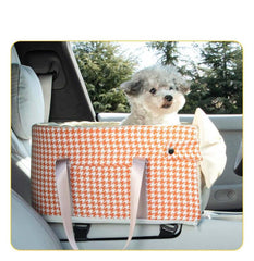 Centre Console Dog Car Seat with Safety Leash & Bow Pillow for comfortable pet travel in car.
