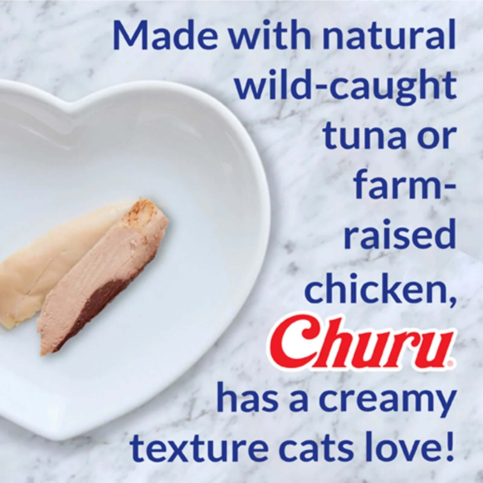 INABA Churu Puree Cat Treats - Tuna Varieties Bulk Pack 50 x 14g in a heart-shaped dish with creamy tuna and chicken.
