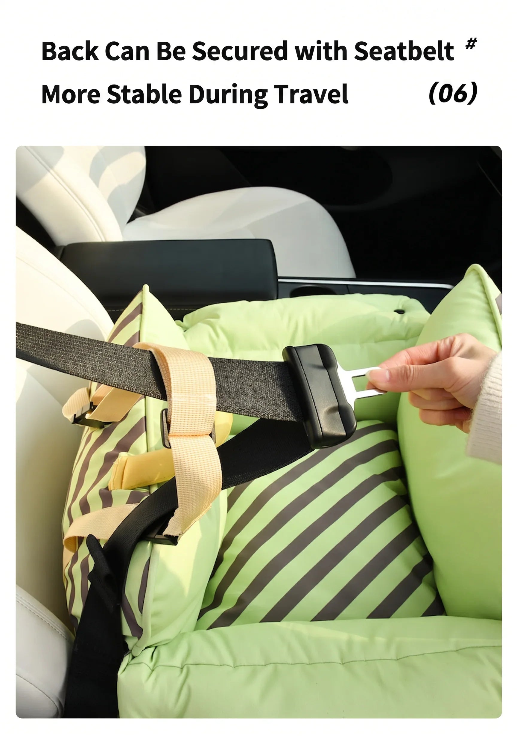 Dopamine-Styled Dog Travel Car Seat - Vibrant Macaron Safety Sofa for Dogs & Cats secured with seatbelt for stability.