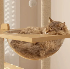 148cm Tall Forest Tree House Cat Tree for Large Cats Deluxe Edition-7 Level Tower with Space Capsule & House - Cat napping in cozy space