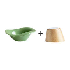 Green ceramic pet bowl with wooden stand for cats and dogs