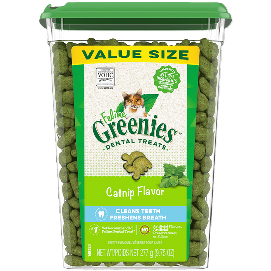 GREENIES Dental Oven Roasted Cat Treats Catnip Flavor 277g value size tub with dental treats for cats.