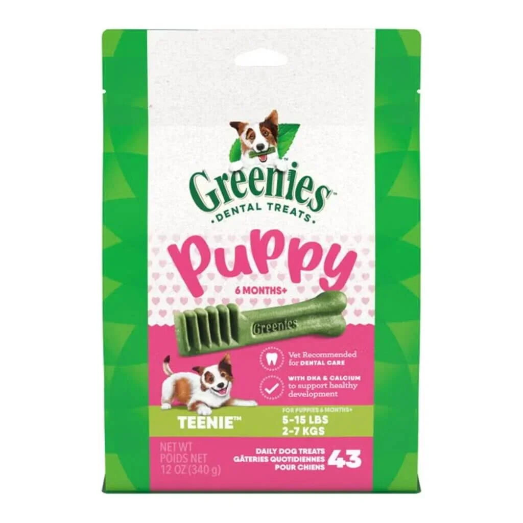 Greenies Puppy Dental Dog Treats - Original Teenie 340g packaging with puppy dental chew sticks.