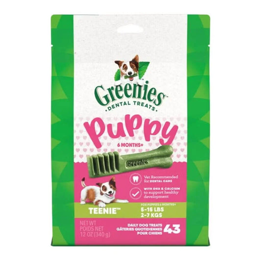 Greenies Puppy Dental Dog Treats - Original Teenie 340g packaging with puppy dental chew sticks.