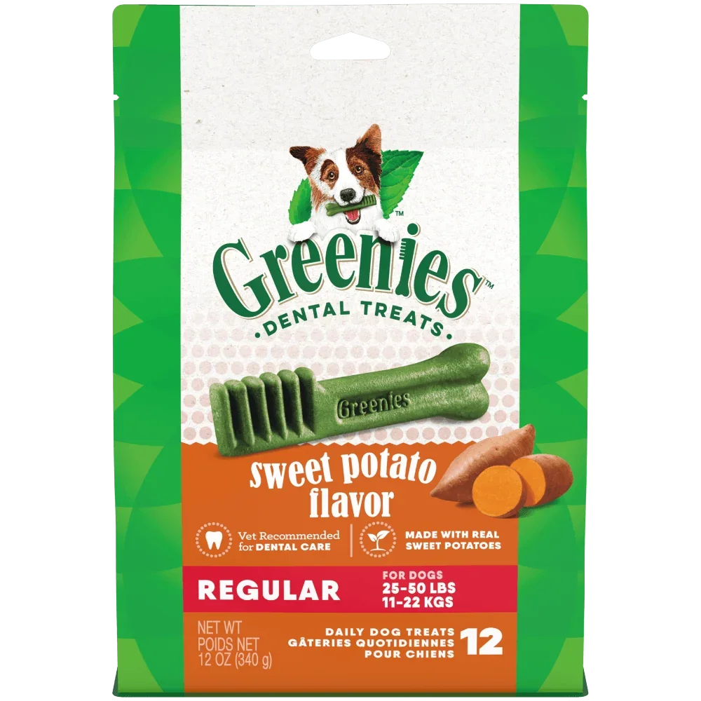 Greenies Sweet Potato Regular Dental Dog Treats 340g packaging showing sweet potato flavor dental chews for dogs.