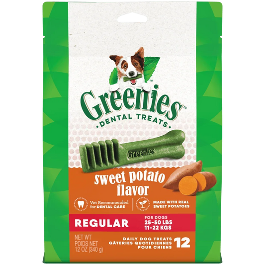 Greenies Sweet Potato Regular Dental Dog Treats 340g packaging showing sweet potato flavor dental chews for dogs.