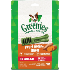 Greenies Sweet Potato Regular Dental Dog Treats 340g packaging showing sweet potato flavor dental chews for dogs.