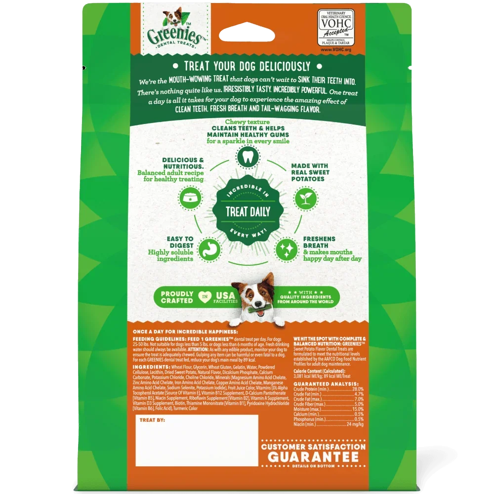 Greenies Sweet Potato Regular Dental Dog Treats 340g packaging, featuring benefits for teeth and gums.