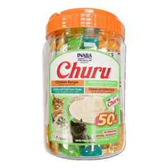INABA Churu Puree Cat Treats Chicken & Seafood Variety 50 x 14g in a colorful tub with various flavors.