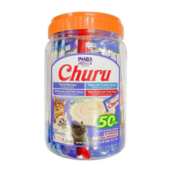 INABA Churu Puree Cat Treats Tuna Seafood Variety Bulk Pack 50 × 14g tubes in a clear container with cats on the label.