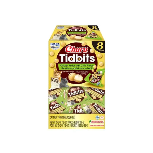 INABA Churu Tidbits Chicken With Dashi Flavor (8 x 12g Packs) packaging featuring cat treats.