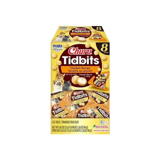 INABA Churu Tidbits Chicken Recipe 96g (8 x 12g Packs) cat treats package with multiple treats inside.