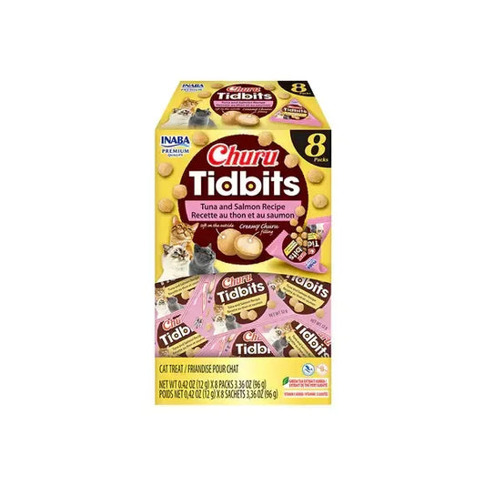 INABA Churu Tidbits Tuna And Salmon Flavor (8 x 12g Packs) pack displaying cat treats with creamy filling.