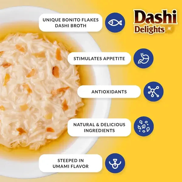 INABA Dashi Delights Chicken Variety Pack Cat Treats 12 Cups with dashi broth and bonito flakes.