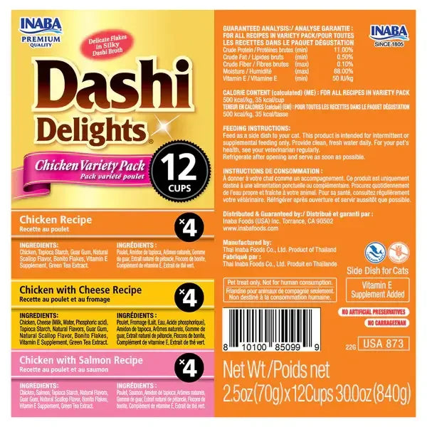 INABA Dashi Delights Chicken Variety Pack Cat Treats 12 Cups packaging featuring chicken and fish recipes.