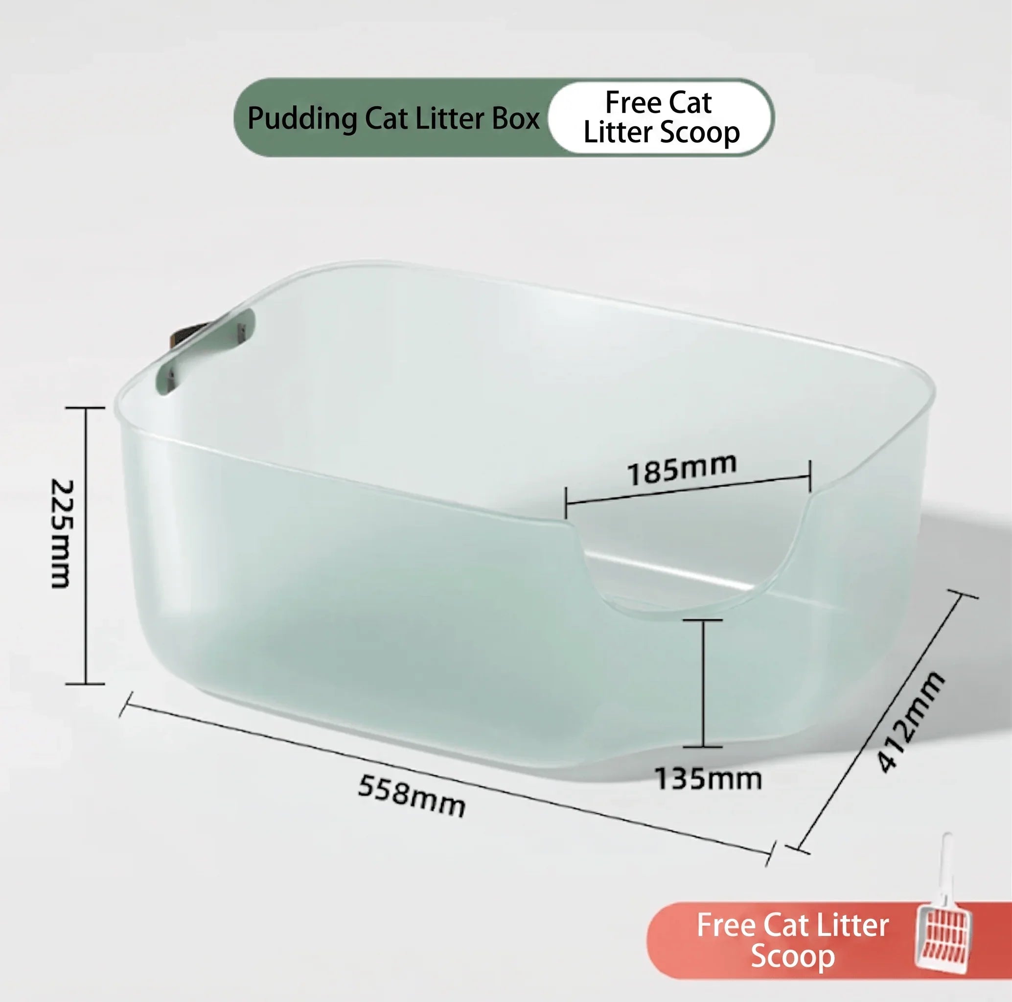 JellyGiant Large Pudding Open Cat Litter Trays dimensions with free litter scoop included for easy cleaning.