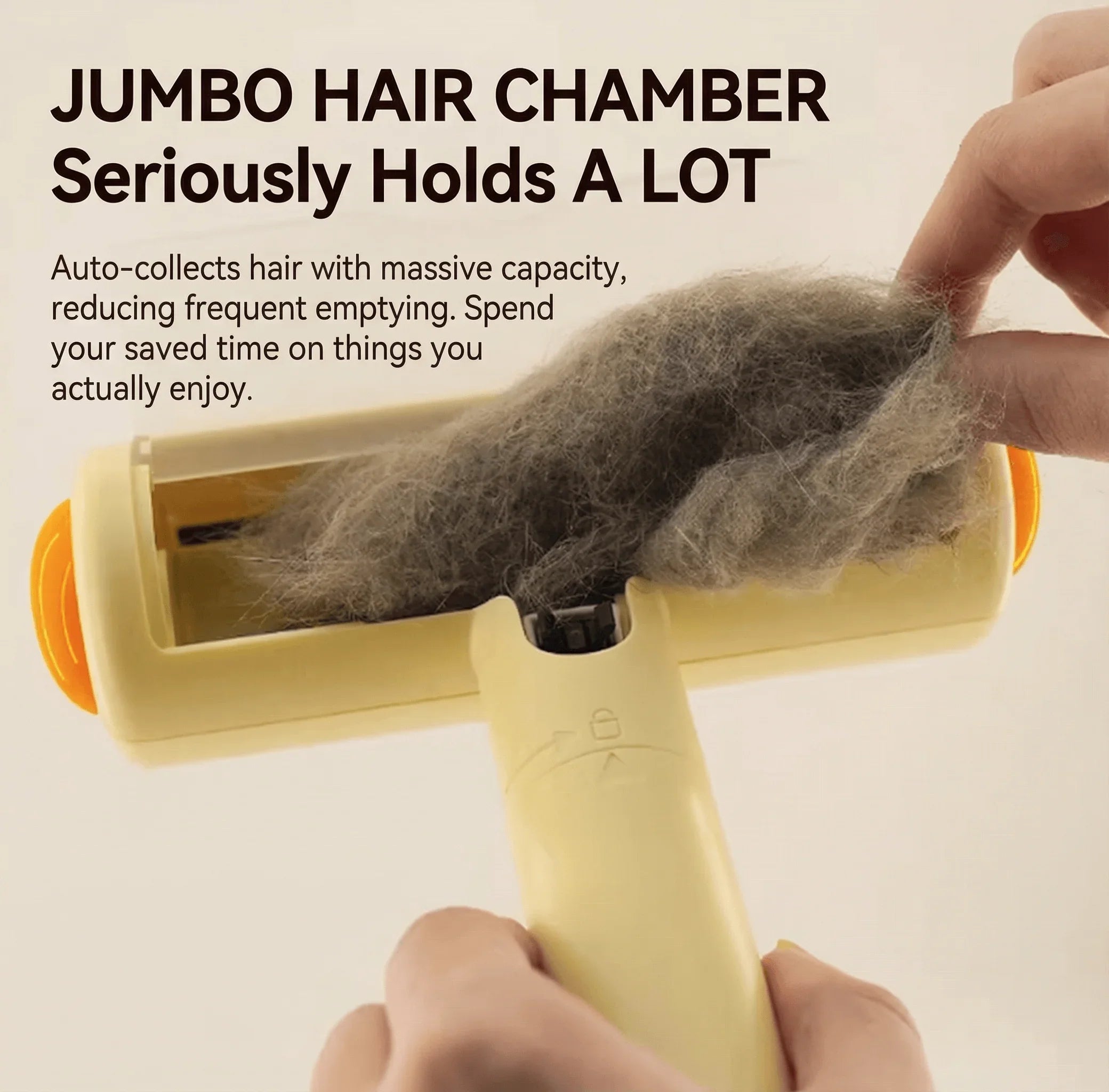 AIWO Static Pet Hair Remover Brush with jumbo hair chamber, effectively collecting pet hair for easy cleaning.