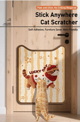 Lucky Day Self-Adhesive Cat Scratcher Removable Wall Protector Brown on door with a cat playing.