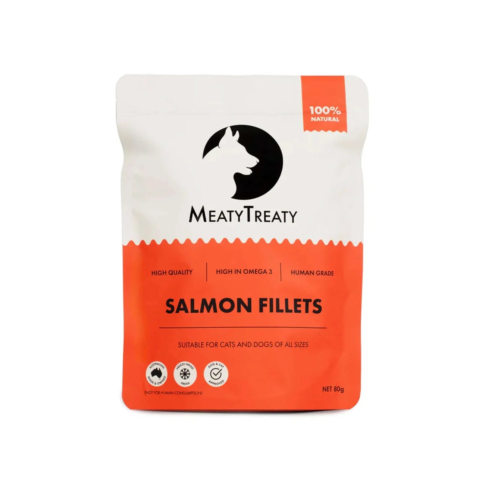 Salmon Fillet Freeze Dried Treats For Cats & Dogs 80g package by MeatyTreaty, featuring human-grade salmon fillets.