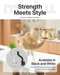 Michu DeskMate Desk-Mounted Cat Tree Perfect For WFH featuring a cat on a stylish perch in a modern kitchen.