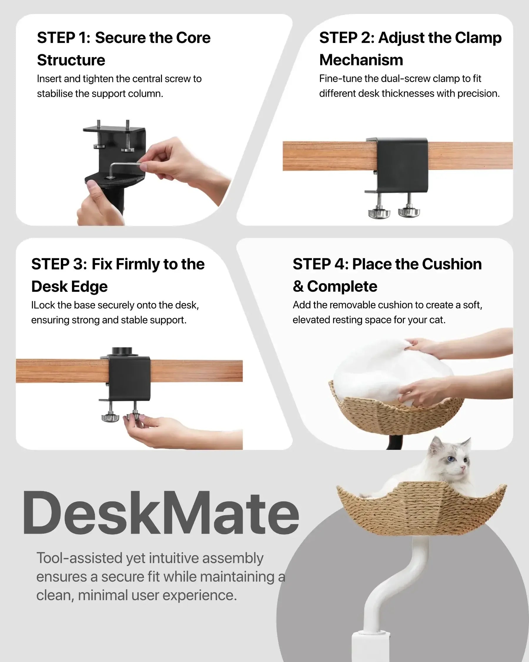 Step-by-step guide for Michu DeskMate Desk-Mounted Cat Tree Perfect For WFH assembly with cat lounging.