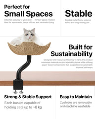 Michu DeskMate Desk-Mounted Cat Tree Perfect For WFH with a cat relaxing on a stylish cat perch attached to the desk.