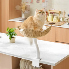 Michu DeskMate Desk-Mounted Cat Tree Perfect For WFH with a cat relaxing on a stylish perch in a home office.