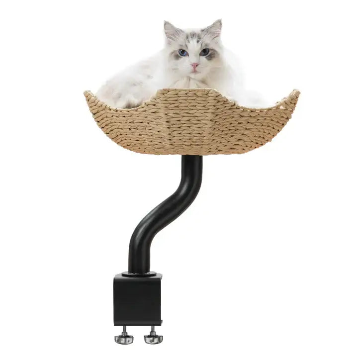 Michu DeskMate Desk-Mounted Cat Tree Perfect For WFH with a cat lounging on a woven perch.