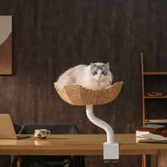 Michu DeskMate Desk-Mounted Cat Tree Perfect For WFH with a cat lounging on a stylish perch above a desk.
