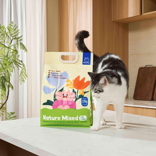 Michu Mixed Nature Plant Cat Litter –Tofu & Cassava Litter 2.5kg/6L package with a cat in a home setting.
