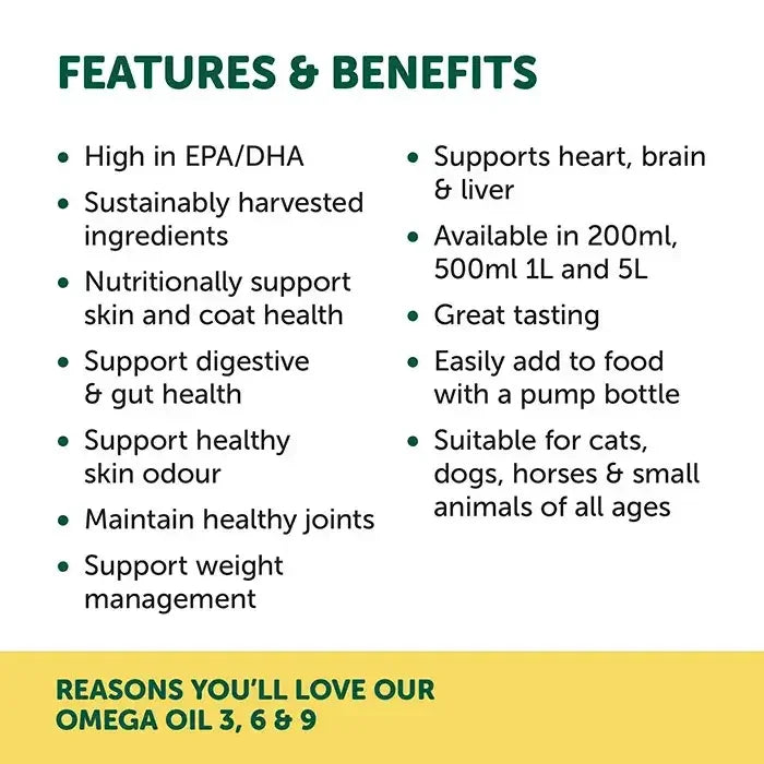 NAS Omega 3 6 & 9 Oil for Dogs & Cats 200ml features benefits high in EPA DHA support health