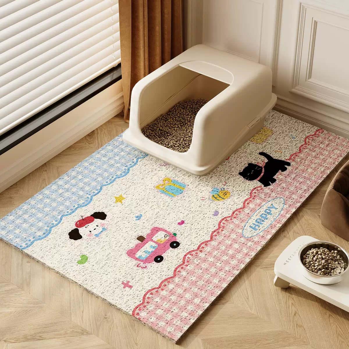 Non-Slip Easy Clean PVC Cat Litter Mat Pink placed near a cat litter box in a cozy home setting.