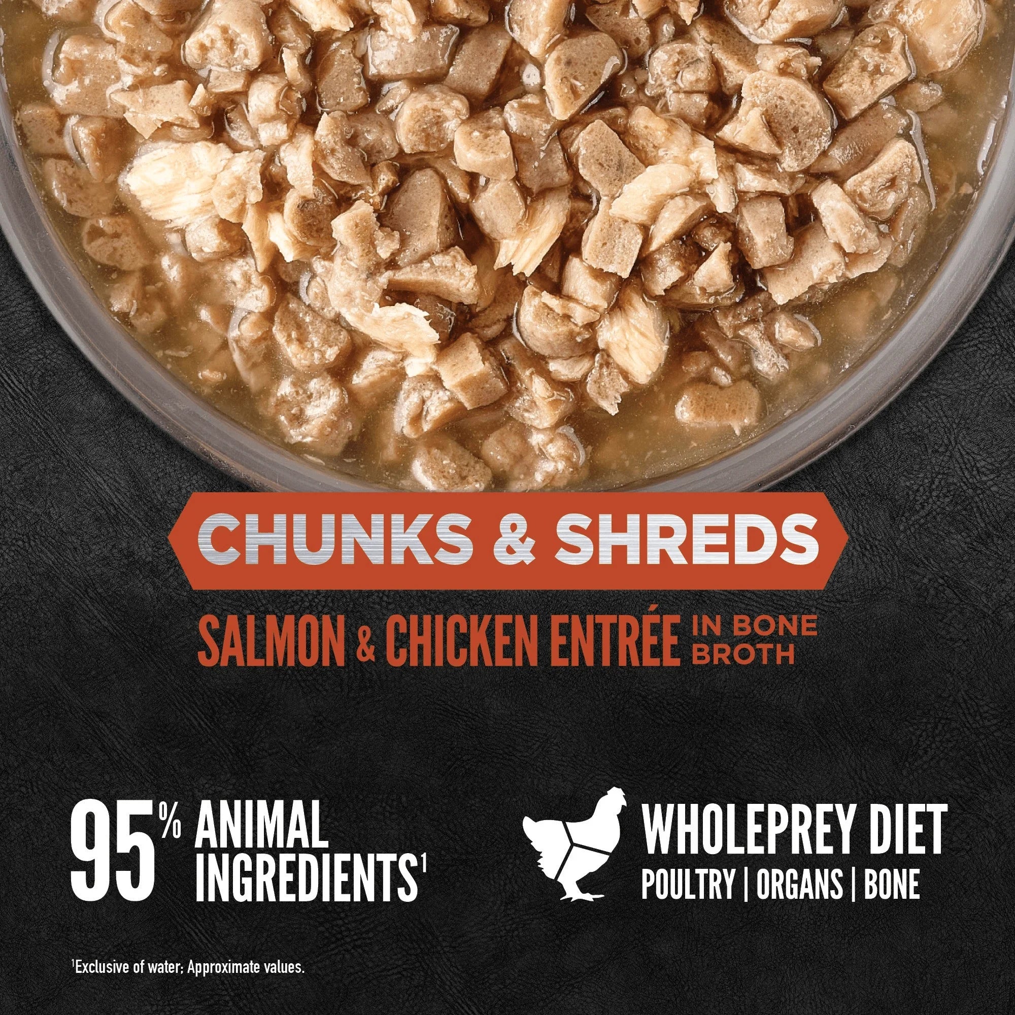 Orijen Salmon & Chicken Chunks & Shreds Adult Wet Cat Food 155g ×6 in a bowl with a chunky texture