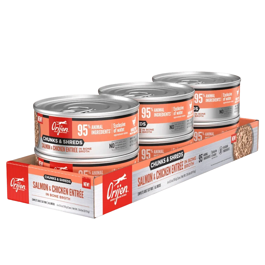 Orijen Salmon & Chicken Chunks & Shreds Adult Wet Cat Food 155g ×6 pack featuring three cans.