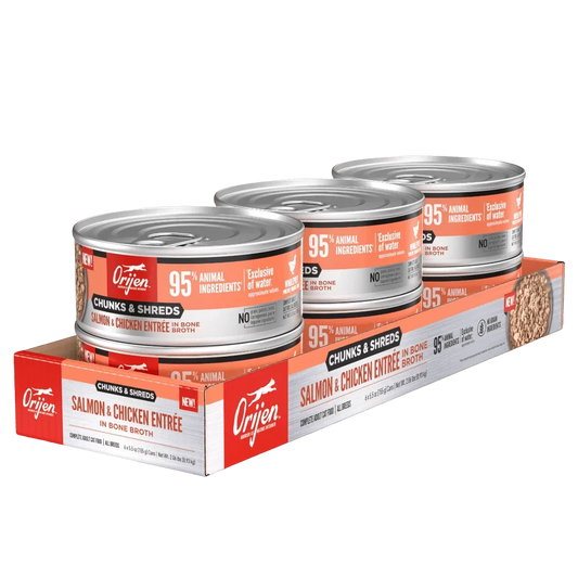 Orijen Salmon & Chicken Chunks & Shreds Adult Wet Cat Food 155g ×6 pack featuring three cans.