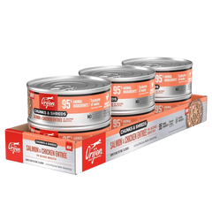 Orijen Salmon & Chicken Chunks & Shreds Adult Wet Cat Food 155g ×6 pack featuring three cans.