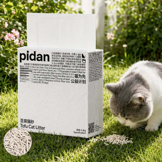 Pidan tofu cat litter box with gray cat sniffing pellets on grass, eco-friendly pet supply