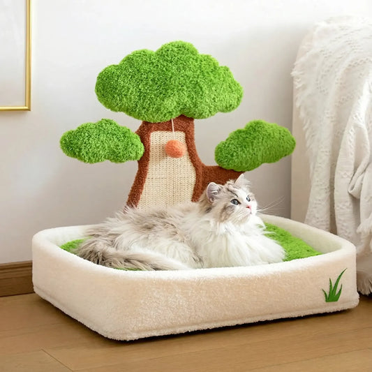 Rileycat Pine Bonsai Pet Bed-Creative Cat Tree with green tree design for luxury cat comfort.