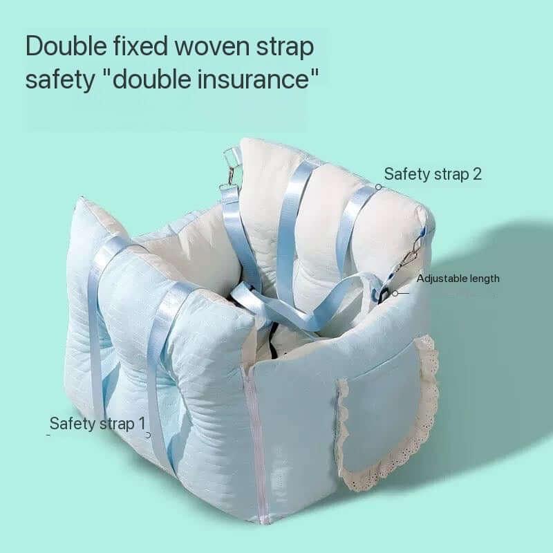 Sky Blue Dog Travel Car Seat - Safety Sofa for Dogs & Cats Under 10kg featuring double fixed woven straps.