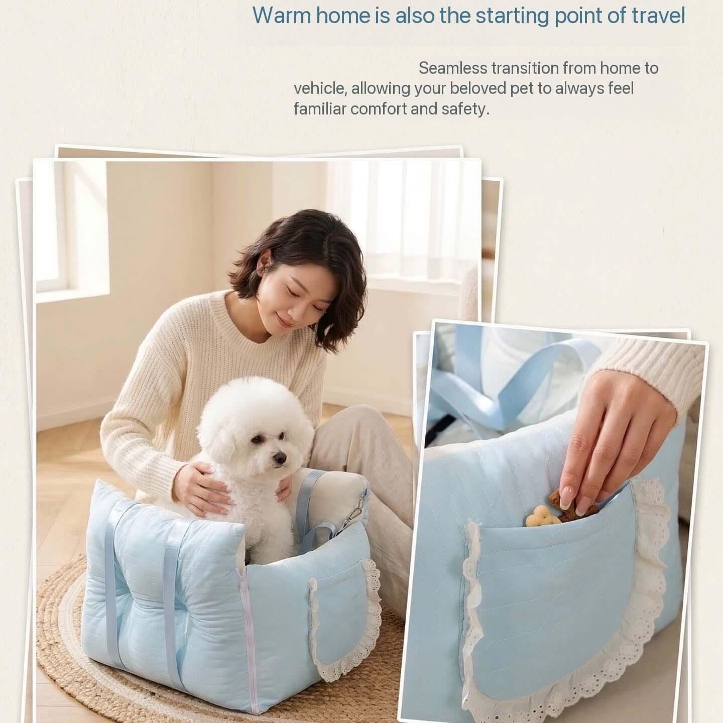 Sky Blue Dog Travel Car Seat - Safety Sofa for Dogs & Cats Under 10kg in use, providing comfort and security.