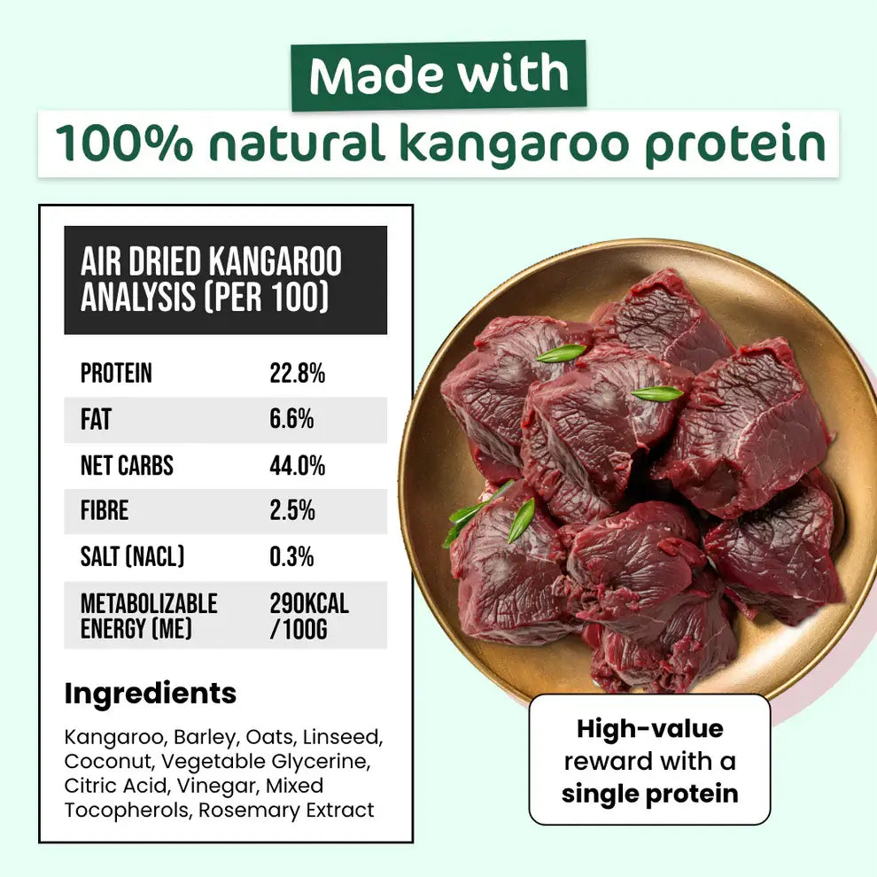 THE PAW GROCER Air-Dried Kangaroo Dog Training Straps 100g nutritional analysis and ingredients list.
